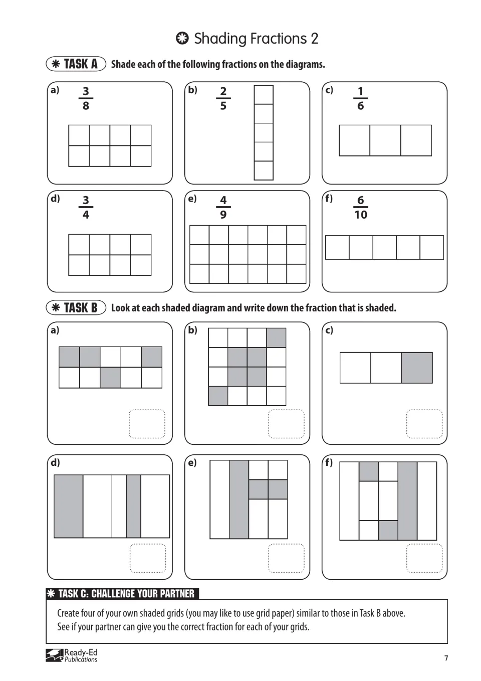 Shading Fractions 2 asks students to shade 3/8, 2/5, and four more fractions, then name shaded amounts