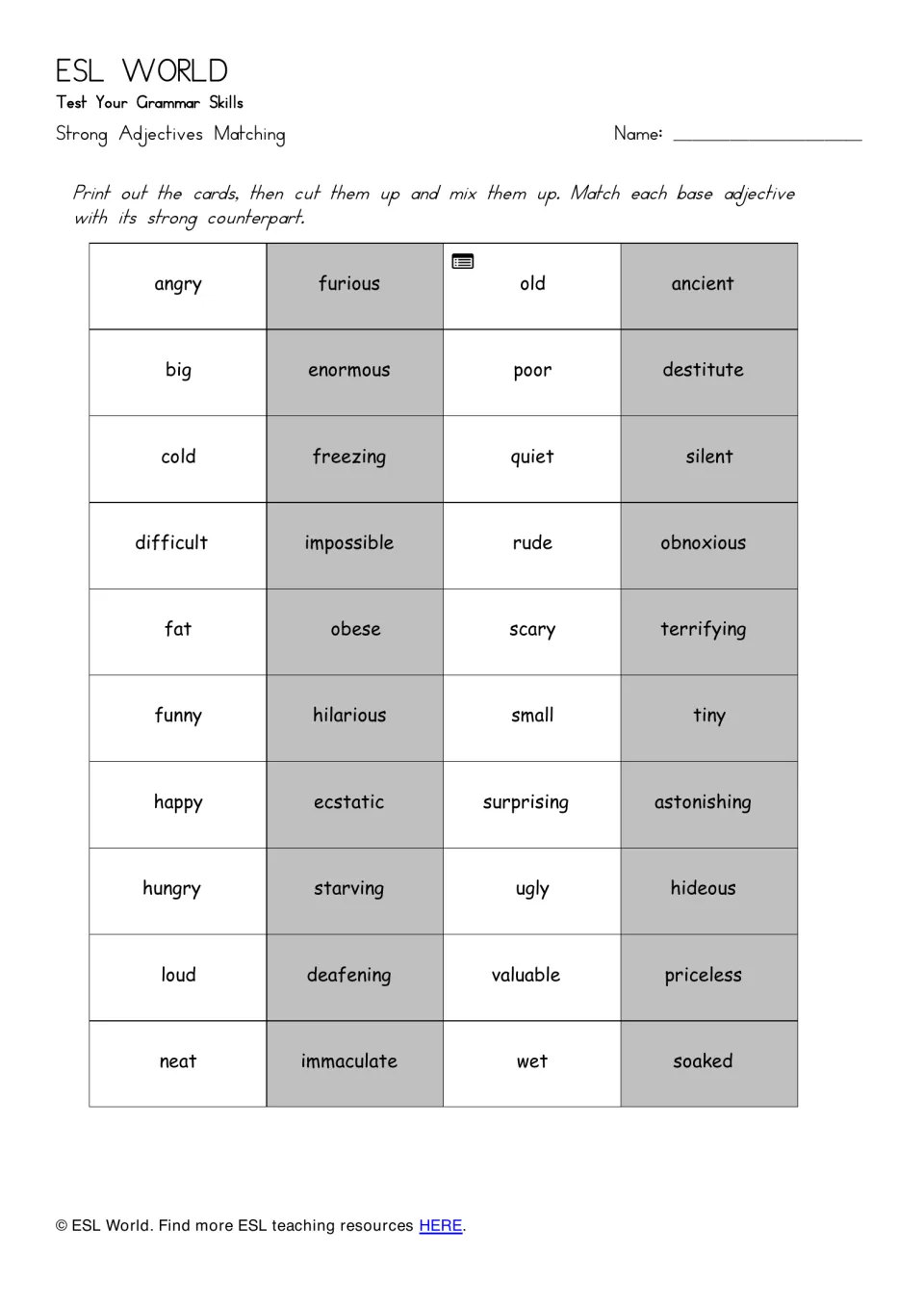 Strong adjectives matching: students cut out cards and pair base words like angry and big with furious and enormous
