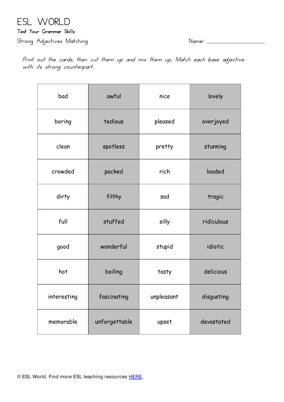 Second set of adjective cards: students match bad, boring and clean to strong partners like awful, tedious and spotless