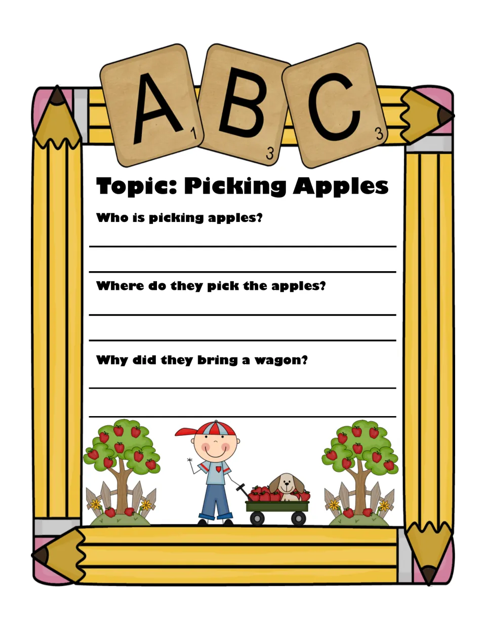 Picking Apples topic: students write answers to who is picking, where they pick and why they brought a wagon