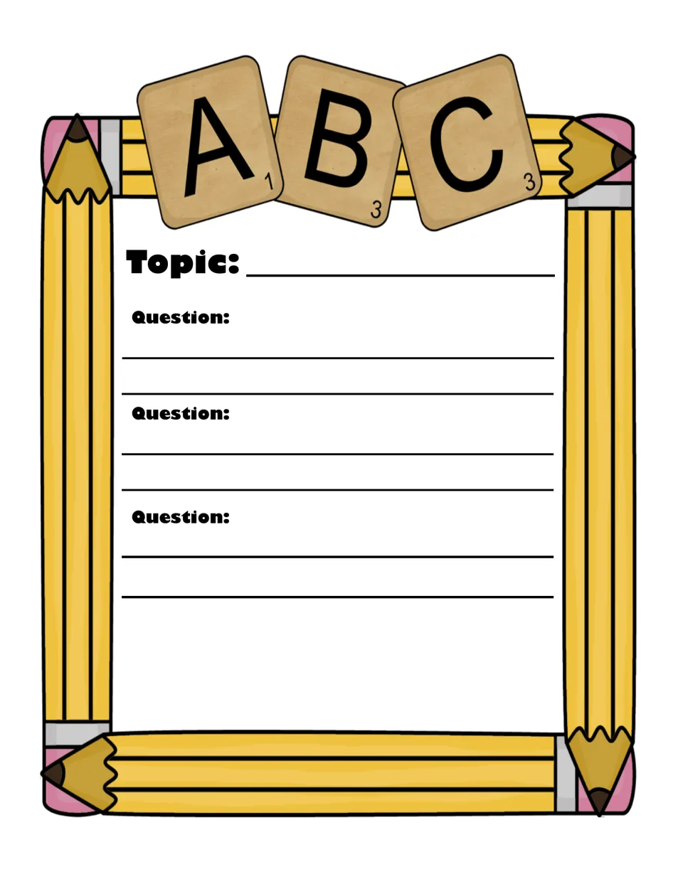 Blank topic form: students write their own topic, then three peer questions and answers to add detail to a draft