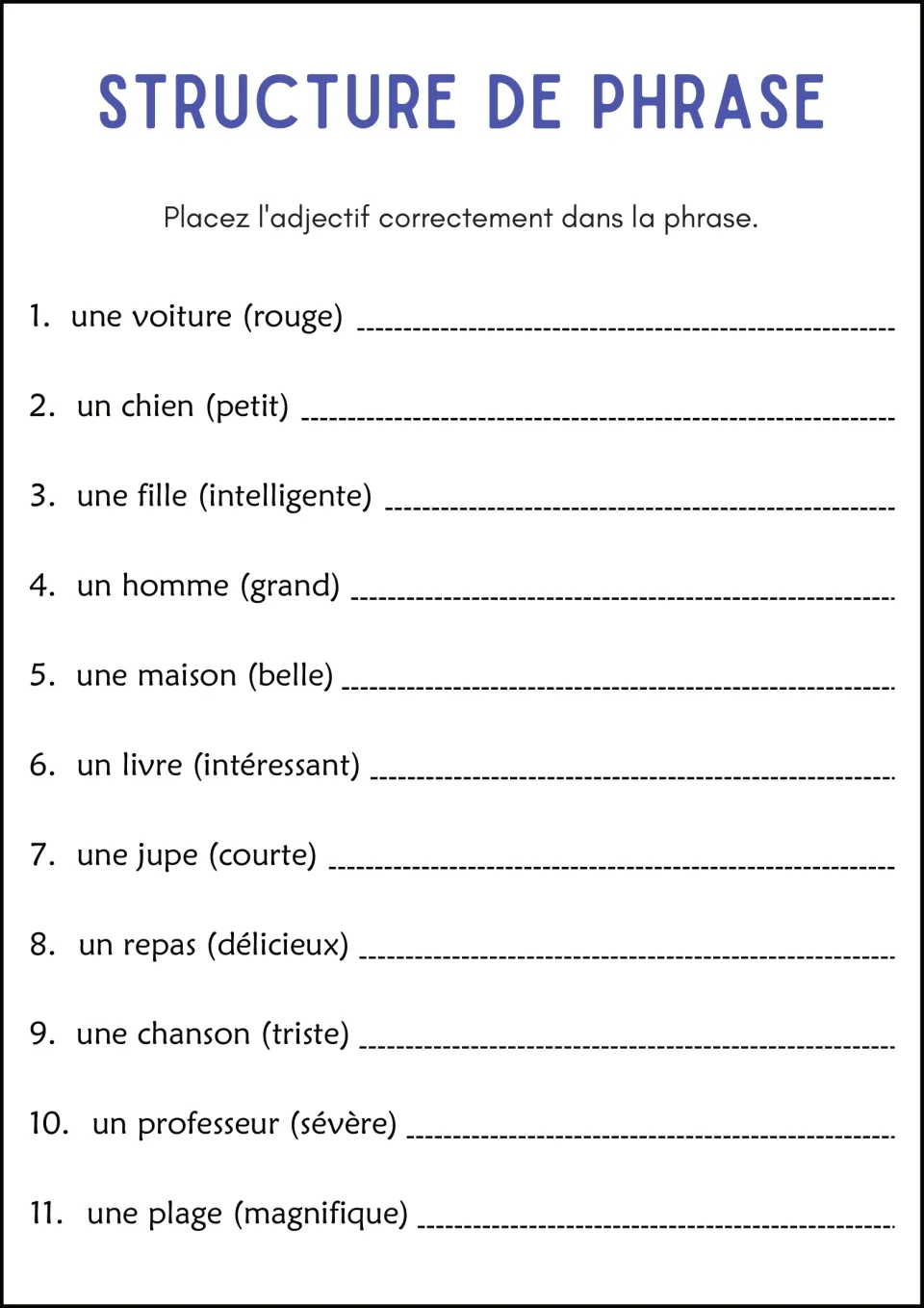 French adjective placement: students rewrite 11 noun phrases such as une voiture (rouge), putting the adjective in place