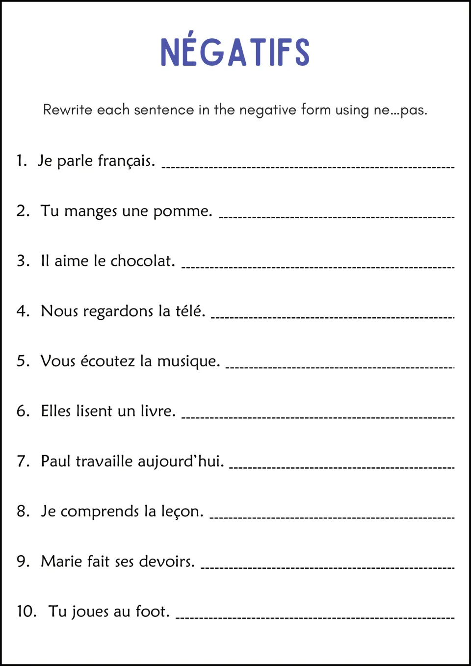 Negatives with ne...pas: students rewrite 10 French sentences such as Je parle français in the negative form