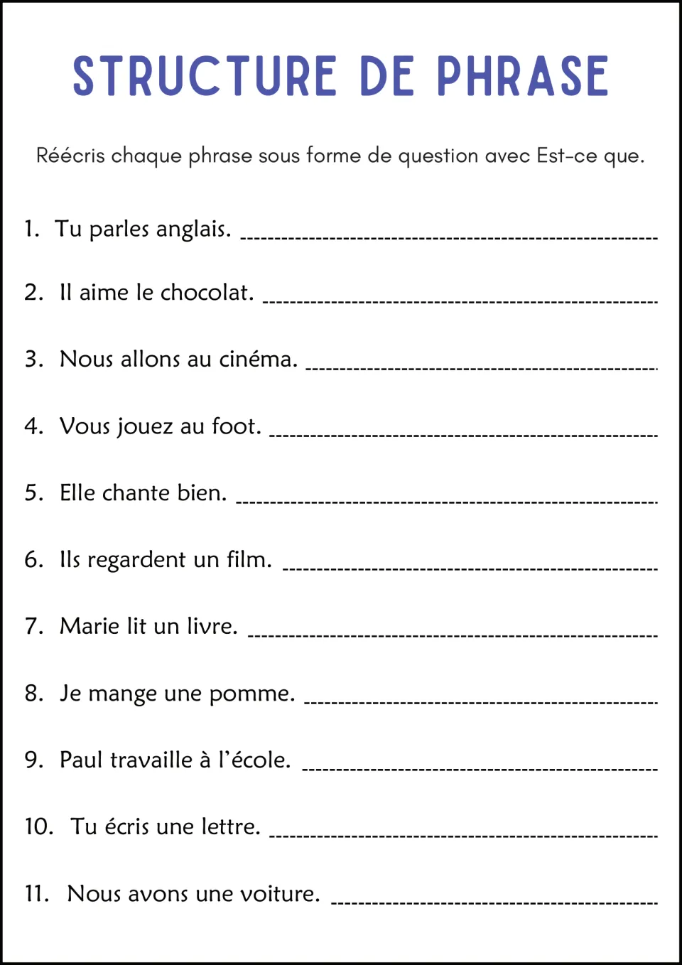 Est-ce que questions: students rewrite 11 French statements such as Tu parles anglais as questions using Est-ce que