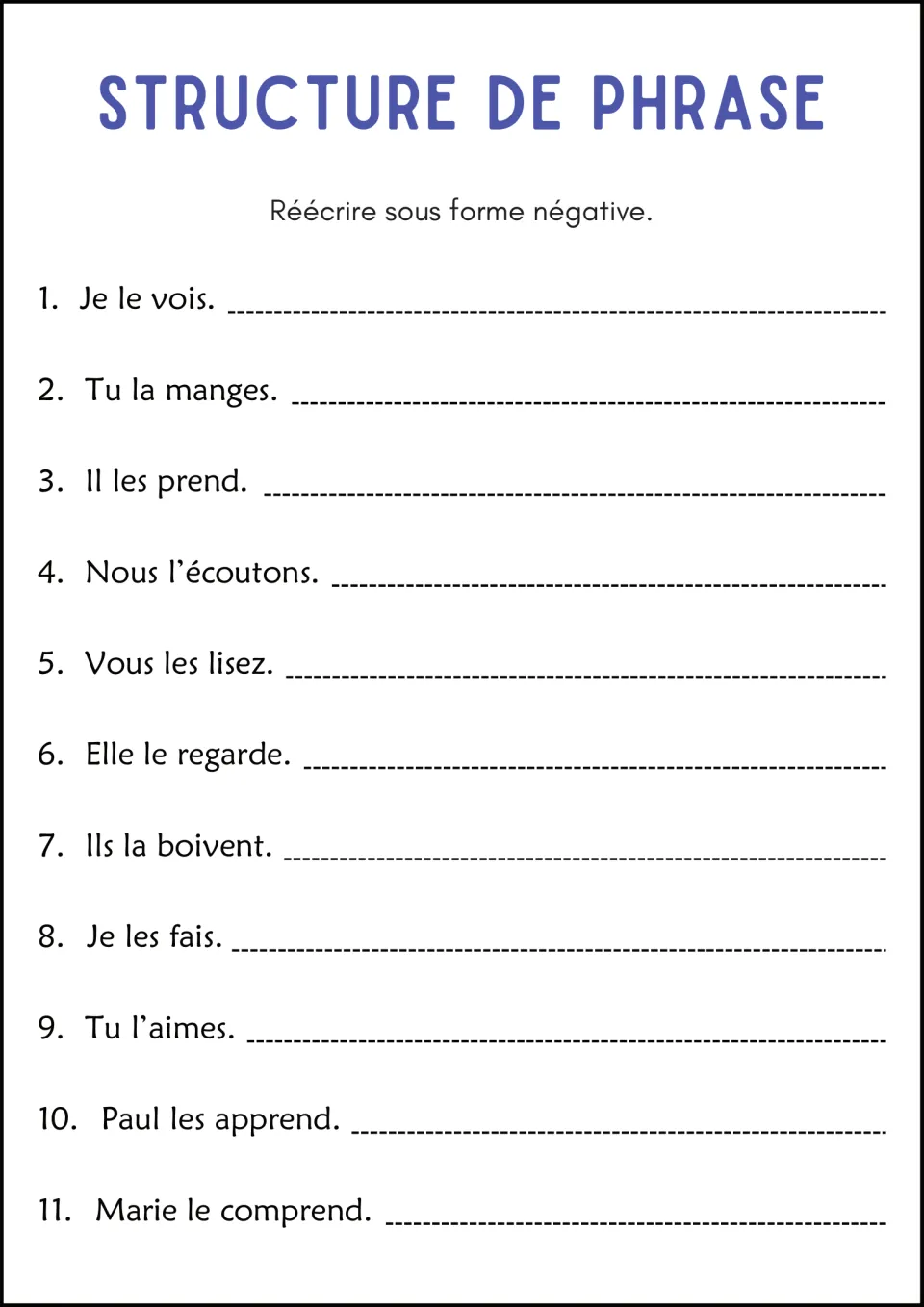 Negative sentences with object pronouns: students rewrite 11 items such as Je le vois and Tu la manges in negative form