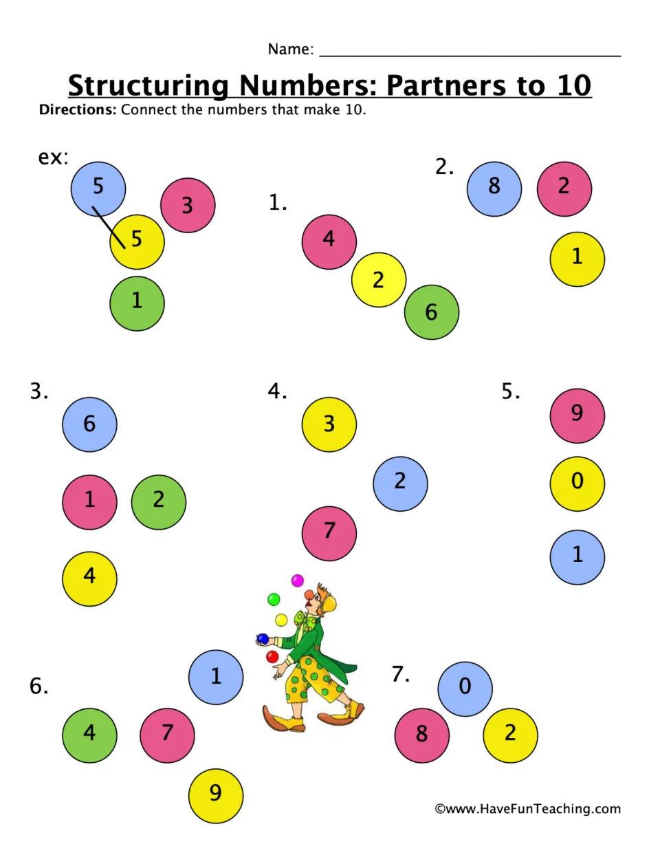 Addition worksheet: connect numbers that make 10 in seven problems, with a worked example pairing 5 and 5