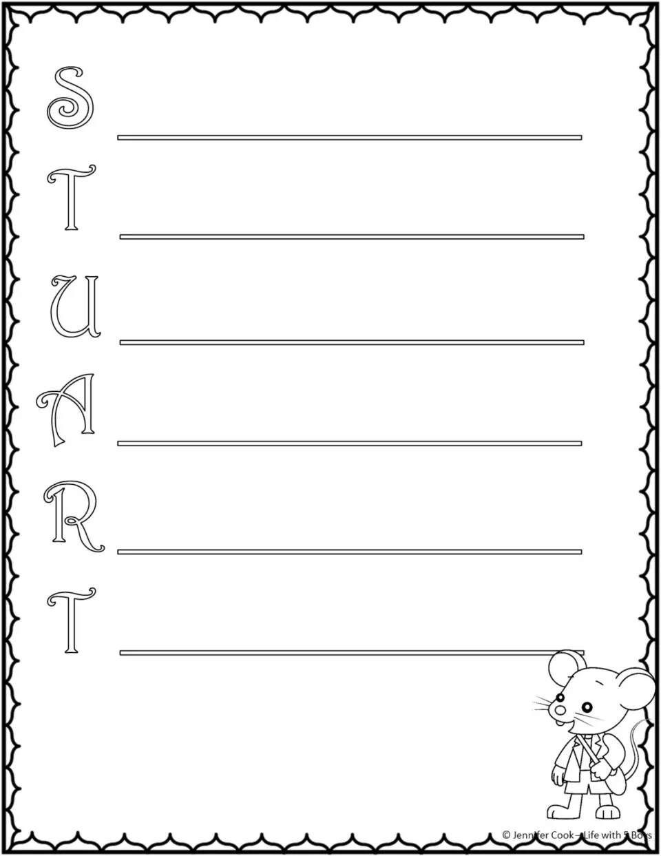 Stuart acrostic poem template uses the letters S, T, U, A, R, T to begin words or phrases about the character
