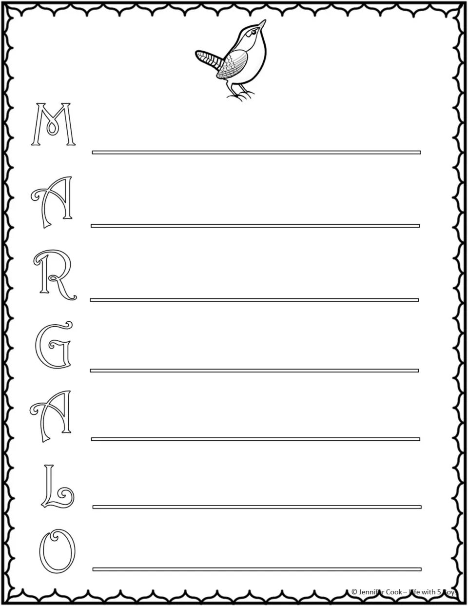 Margalo acrostic poem template uses the letters M, A, R, G, A, L, O for words or phrases describing her