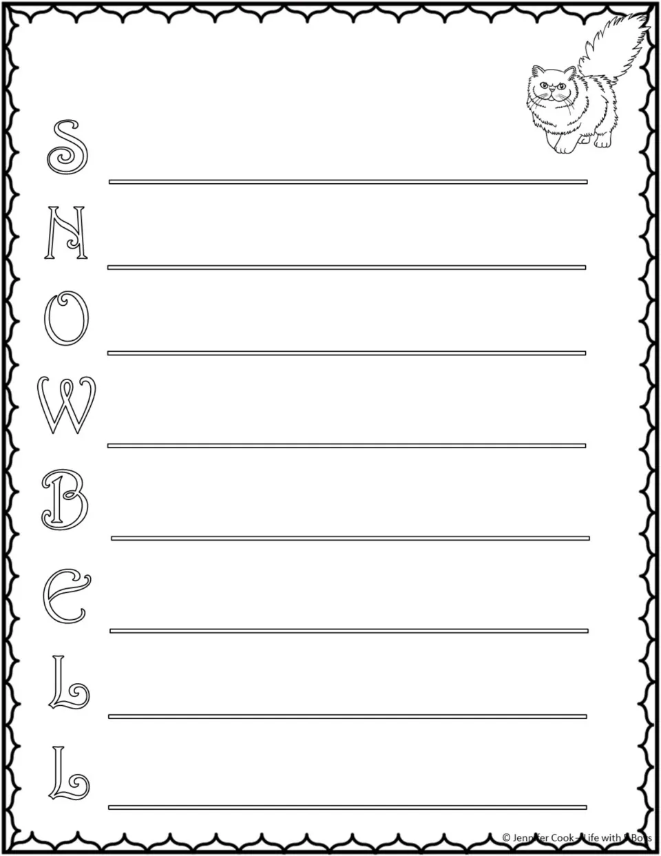 Snowbell acrostic poem template uses the letters S, N, O, W, B, E, L, L for words or phrases about the character
