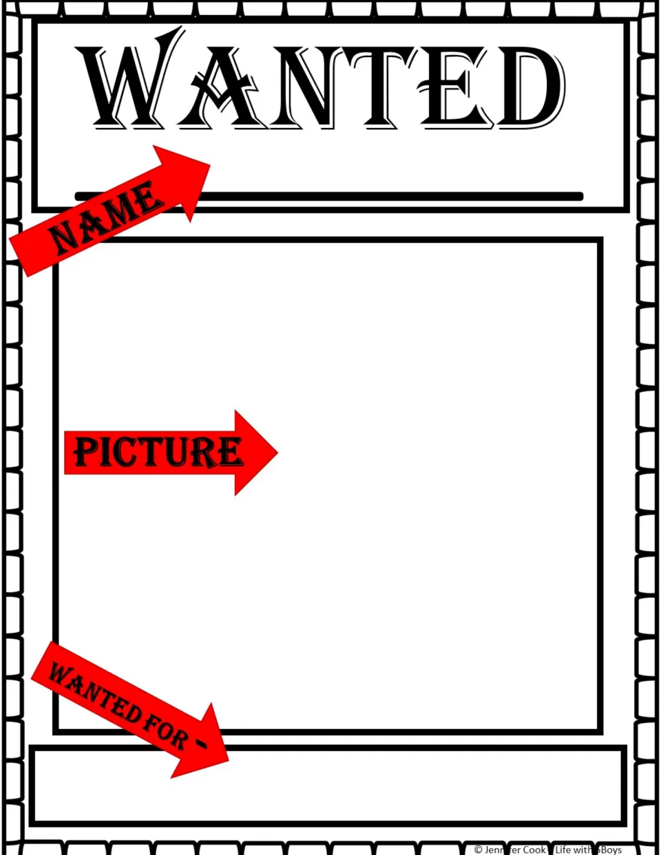 Wanted poster guide labels where to add the character’s name, picture, and reason the character is wanted.