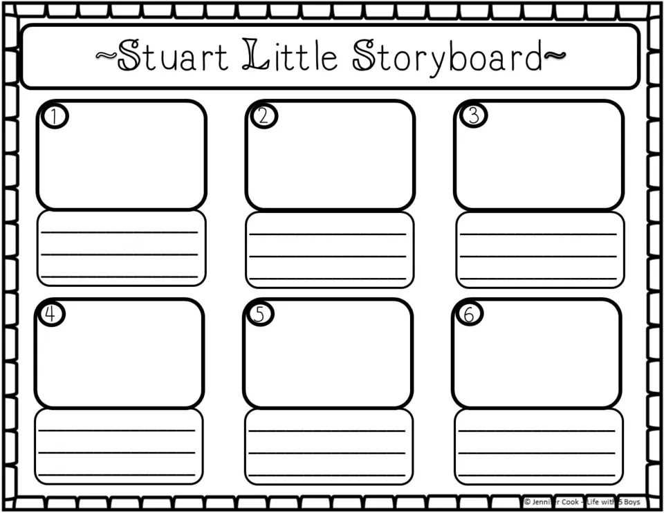 Blank six-part storyboard for Stuart Little, numbered 1–6, for illustrating and summarizing key plot events.