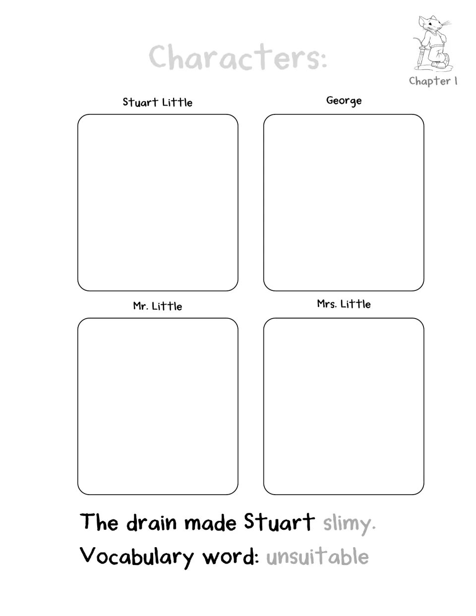 Chapter 1 character activity names Stuart Little, George, Mr. Little, and Mrs. Little; vocabulary: unsuitable