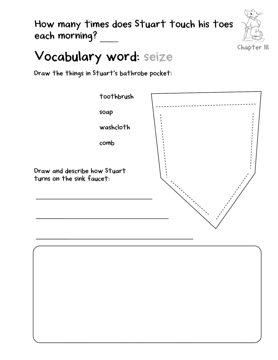 Chapter 3 activity covers toe touches, bathrobe pocket items, turning on the faucet, and the vocabulary word seize