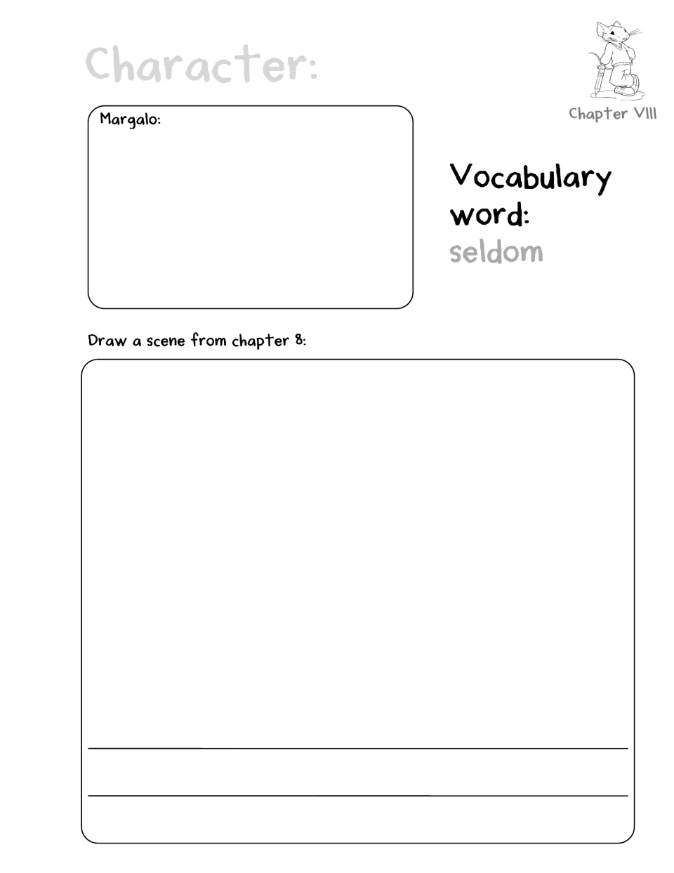 Chapter 8 character and scene activity names Margalo, introduces seldom, and asks students to draw a scene