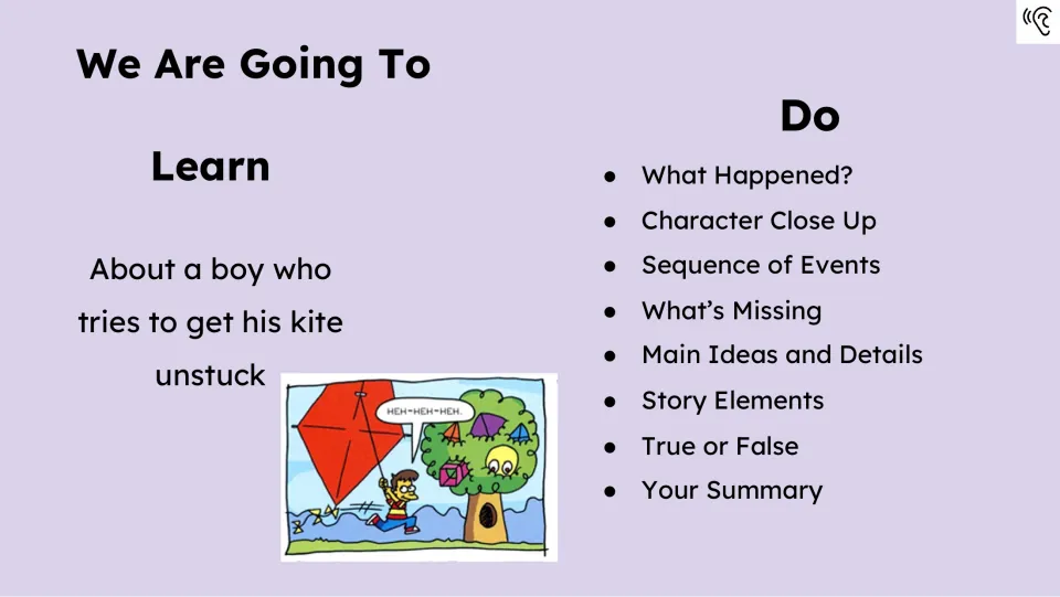 Learning agenda introduces a boy trying to free his kite and lists eight activities, including a summary