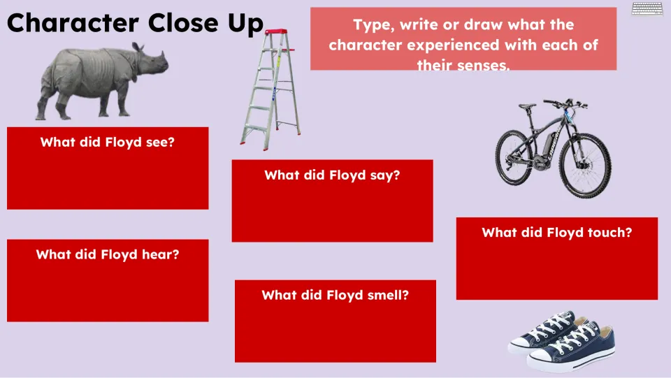 Character Close Up asks students to type, write, or draw what Floyd saw, said, heard, smelled, and touched