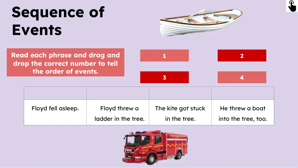 Sequence of Events activity asks students to order four events involving Floyd, his kite, a ladder, and a boat