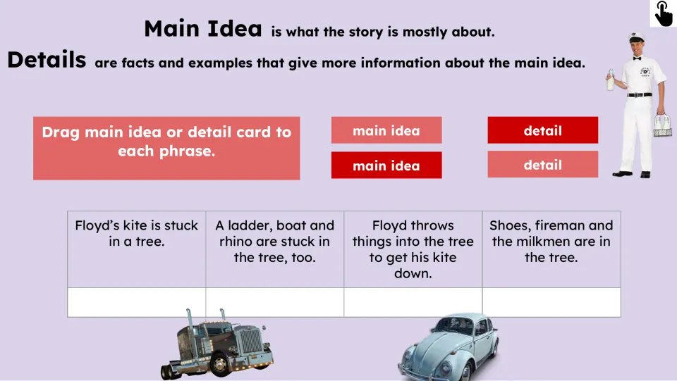 Main idea and details activity asks students to label four statements about Floyd's kite and objects in the tree