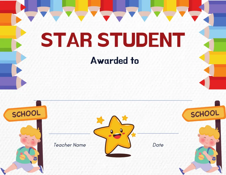 Star Student certificate: teacher writes the student's name under Awarded to, then signs and dates beside a smiling star