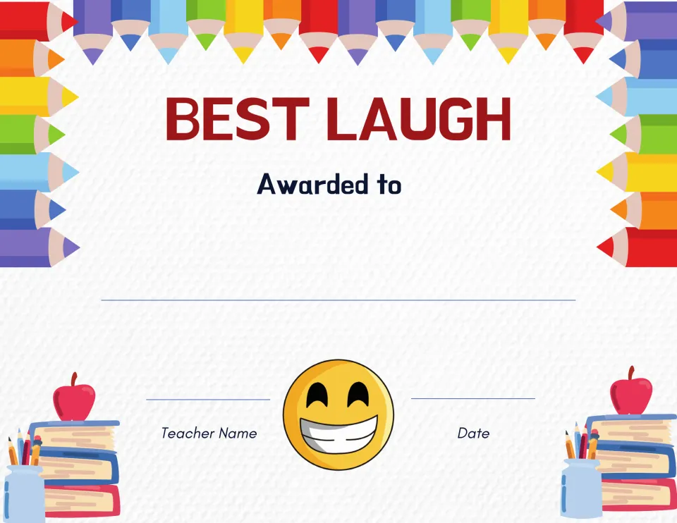 Best Laugh certificate with a grinning emoji, an Awarded to line for the student's name, and teacher name and date blanks