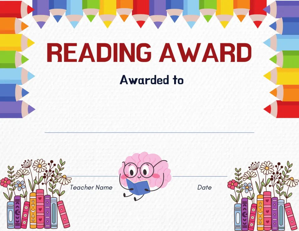Reading Award certificate showing a cartoon brain reading a book, with spaces for the student name, teacher name and date
