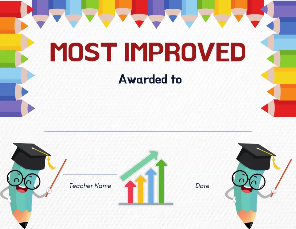 Most Improved certificate with a rising arrow chart and pencil graduates; teacher fills in student name, signature and date