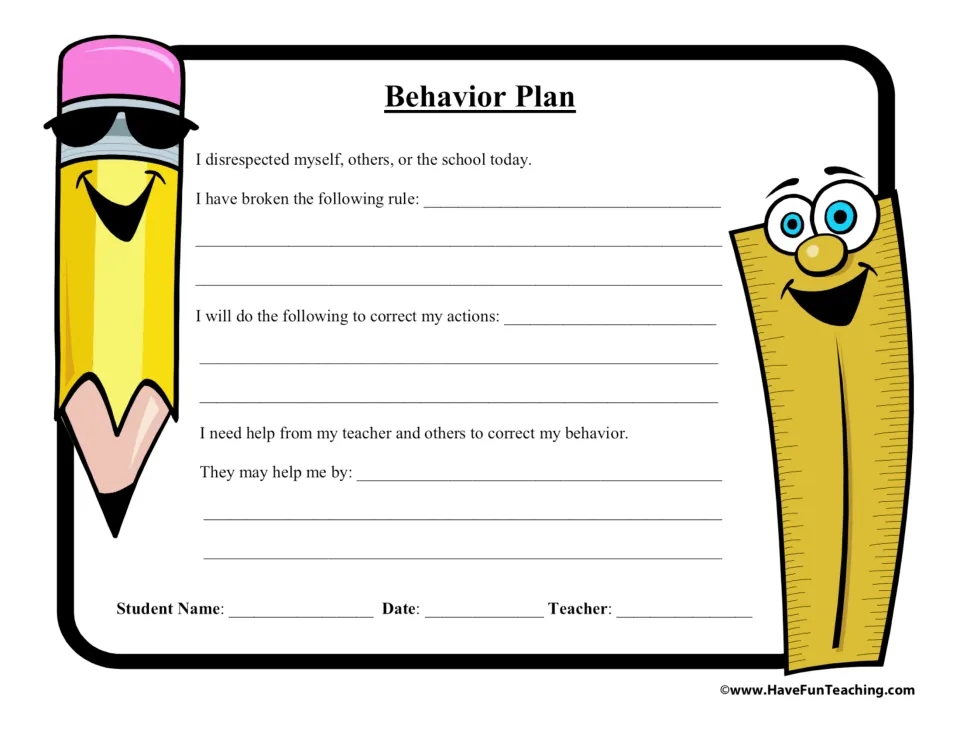 Behavior Plan reflection: students write the rule they broke, how they will correct it and how others can help them