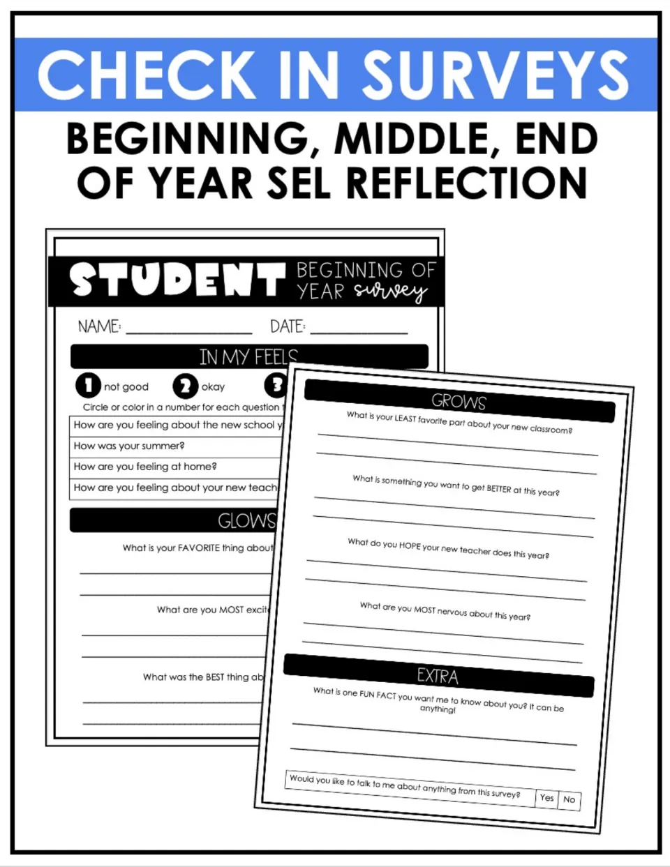 Student Check In Surveys cover: beginning, middle, and end-of-year SEL reflection with sample survey pages