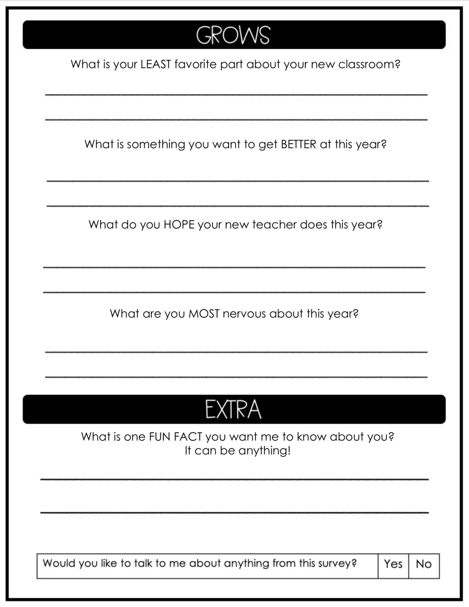 Beginning-of-year survey, part 2: classroom dislikes, goals, teacher hopes, worries, and a personal fun fact