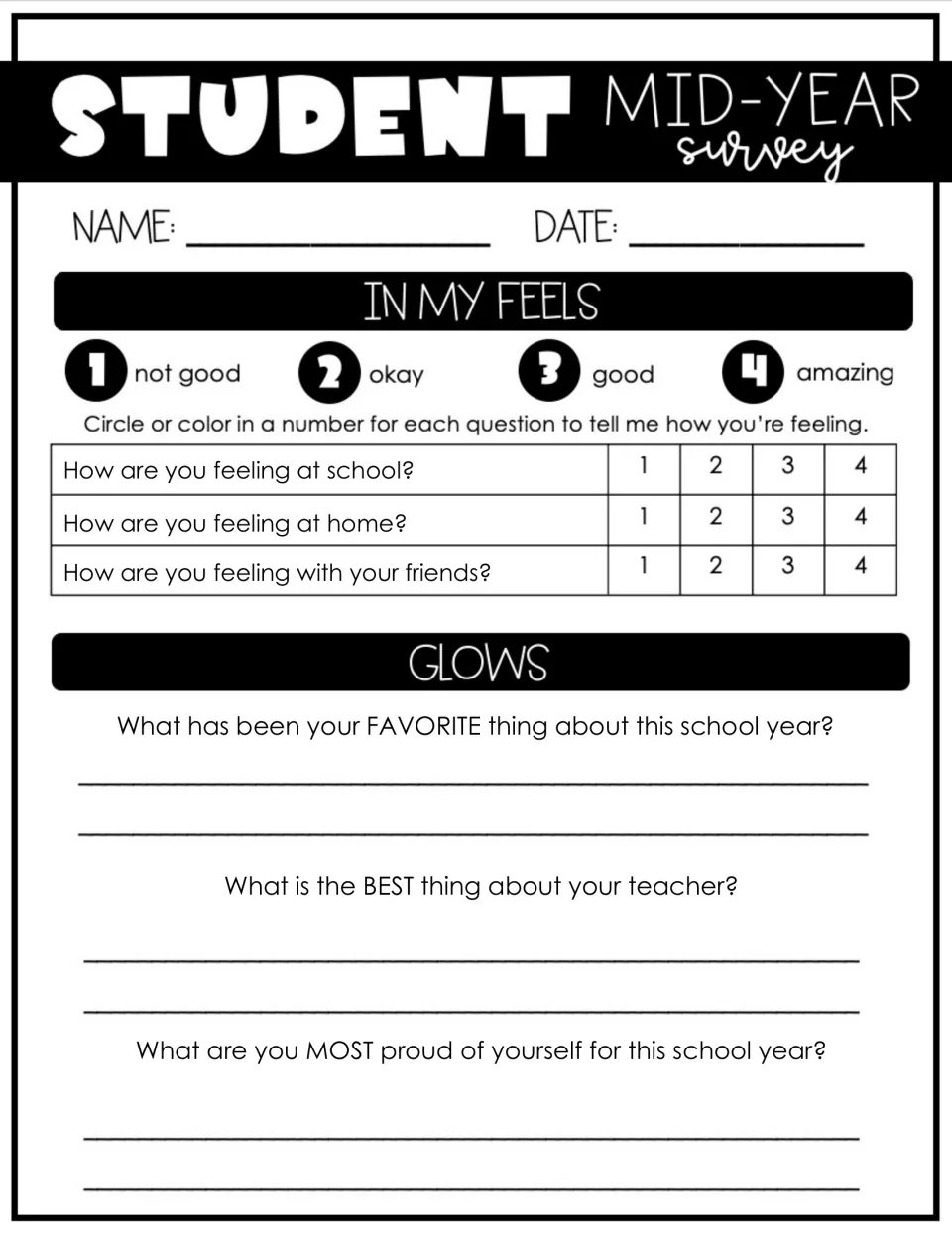 Mid-year survey, part 1: rate feelings at school, home, and with friends; reflect on favorites and pride