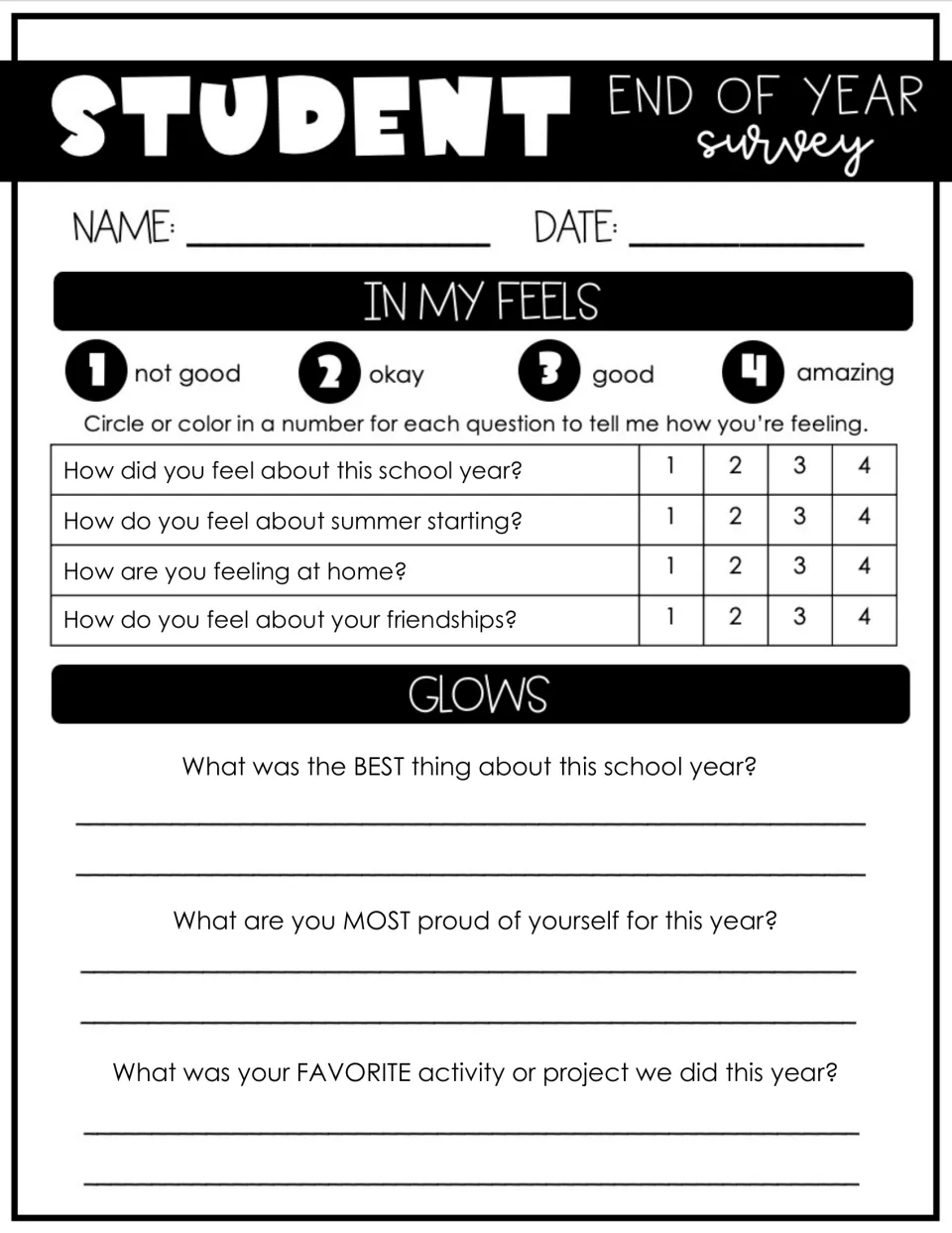 End-of-year survey, part 1: rate feelings about the year, summer, home, and friendships; reflect on glows
