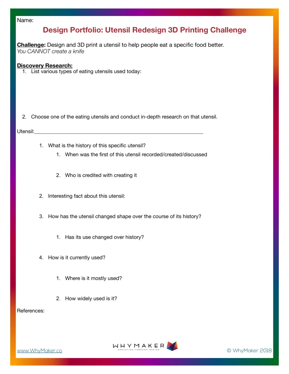 Utensil redesign challenge, discovery research: students list eating utensils, then research one utensil's history and use