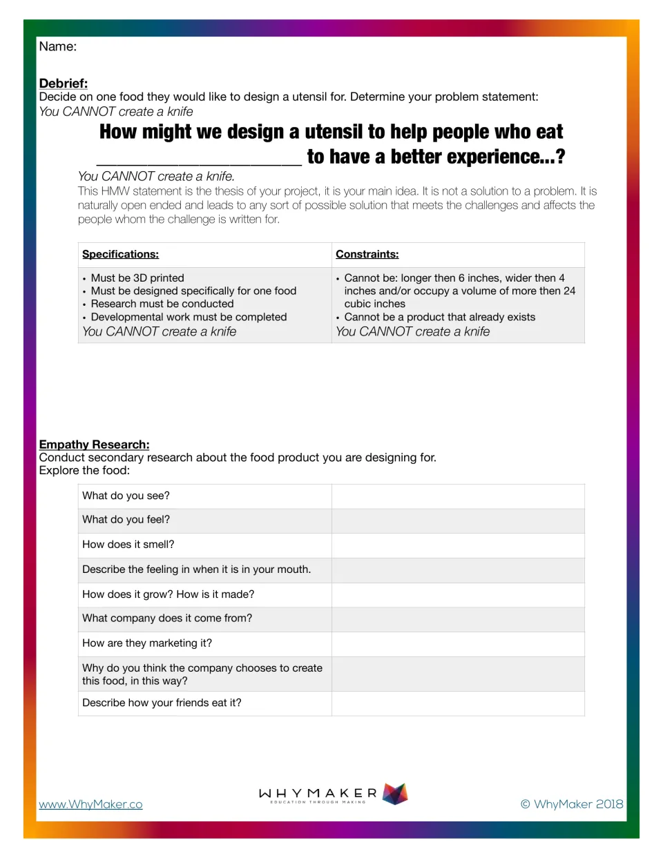 Debrief and empathy research: students write a How Might We problem statement, review specs and constraints, explore a food