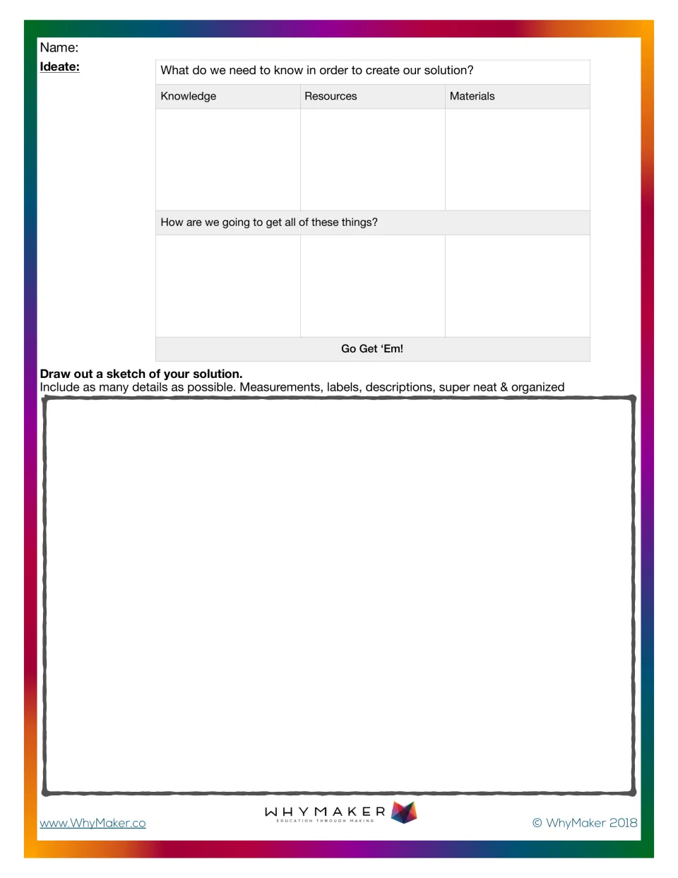 Ideate: students list the knowledge, resources and materials their utensil needs, plan how to get them and sketch it