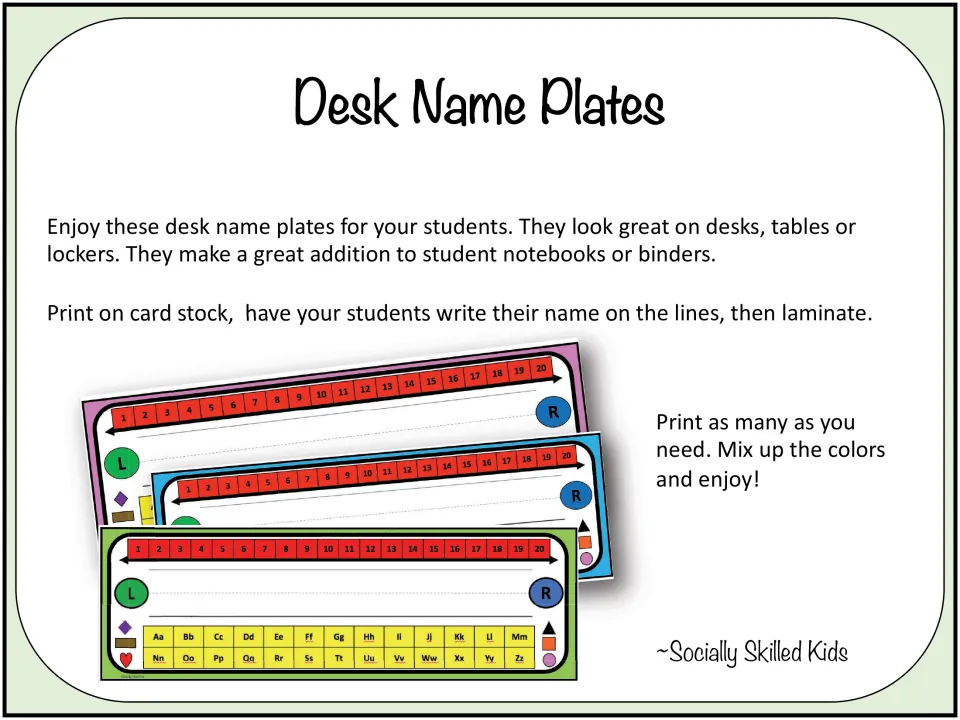 Desk Name Plates cover: sample plates in 3 colors, each with a 1-20 number line, name lines, L/R circles and A-Z letters
