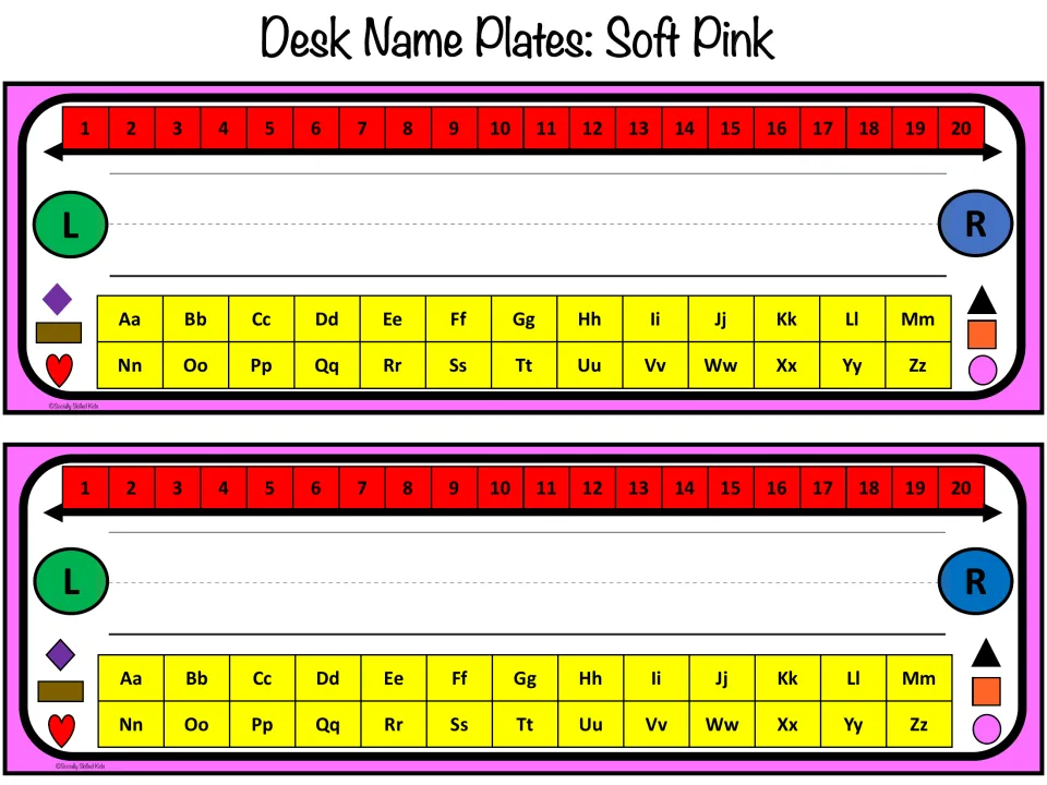 Soft Pink name plates, two per page: students write their name between a 1-20 number line and an Aa-Zz alphabet strip