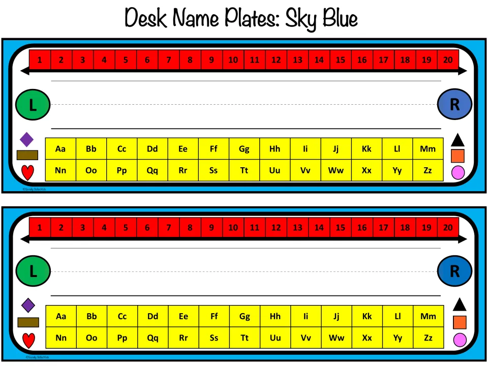Sky Blue name plates, two per page: a 1-20 number line, green L and blue R circles, shapes and upper/lowercase letters