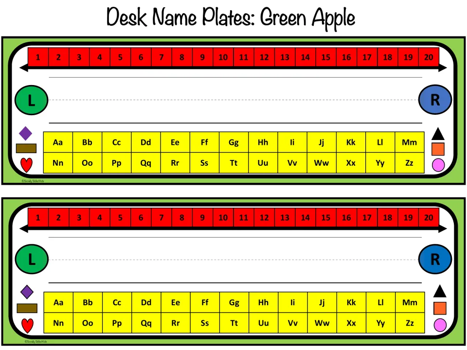 Green Apple name plates, two per page, a name-writing space, 1-20 number line, left/right markers and A-Z letter pairs