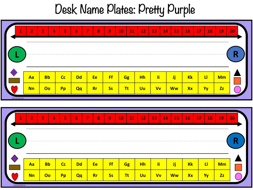Pretty Purple name plates, two per page: name lines above an Aa-Zz alphabet, plus a 1-20 number line and shape icons