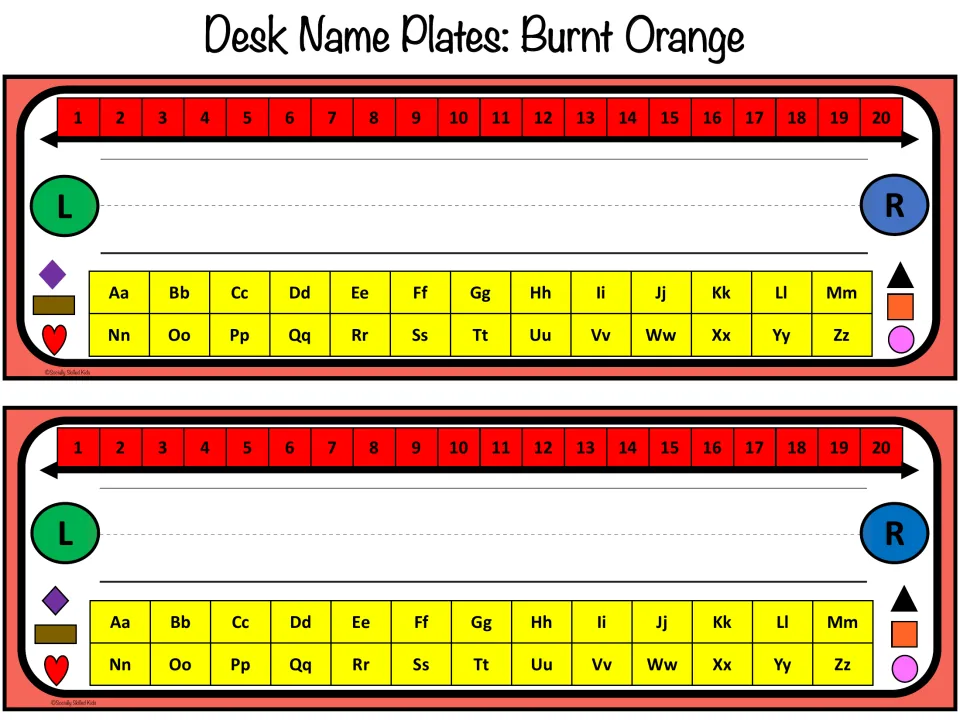 Burnt Orange name plates, two per page, a 1-20 number line with arrows, L and R circles and an Aa-Zz letter chart