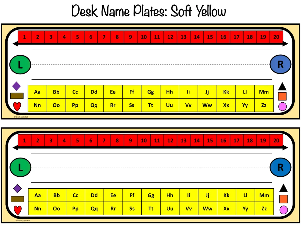 Soft Yellow name plates, two per page: space for a student's name with a 1-20 number line, L/R circles and letters Aa-Zz