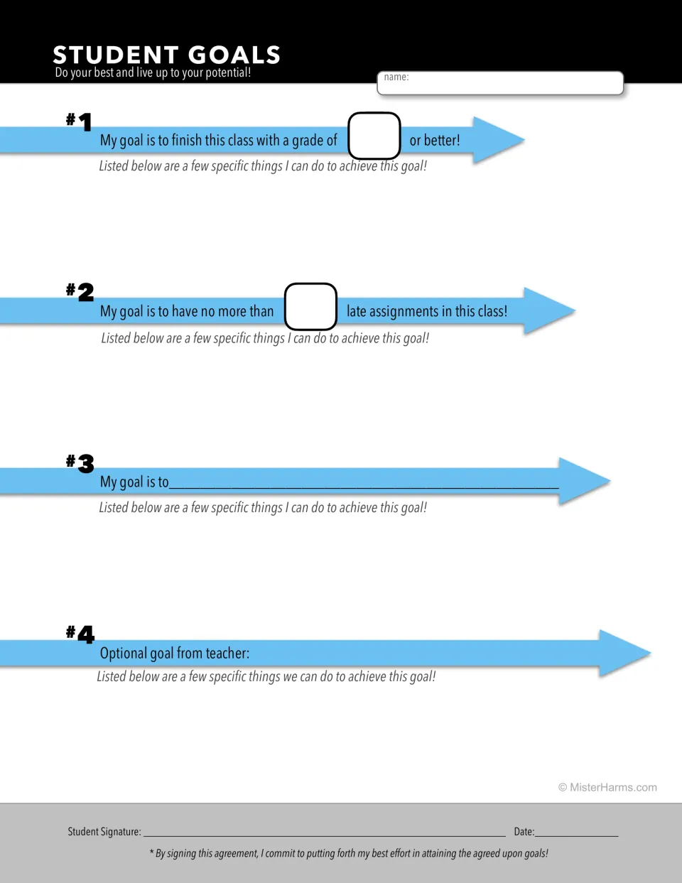Preset goal sheet: students set a target class mark and late-assignment limit, write a third goal, list steps, then sign