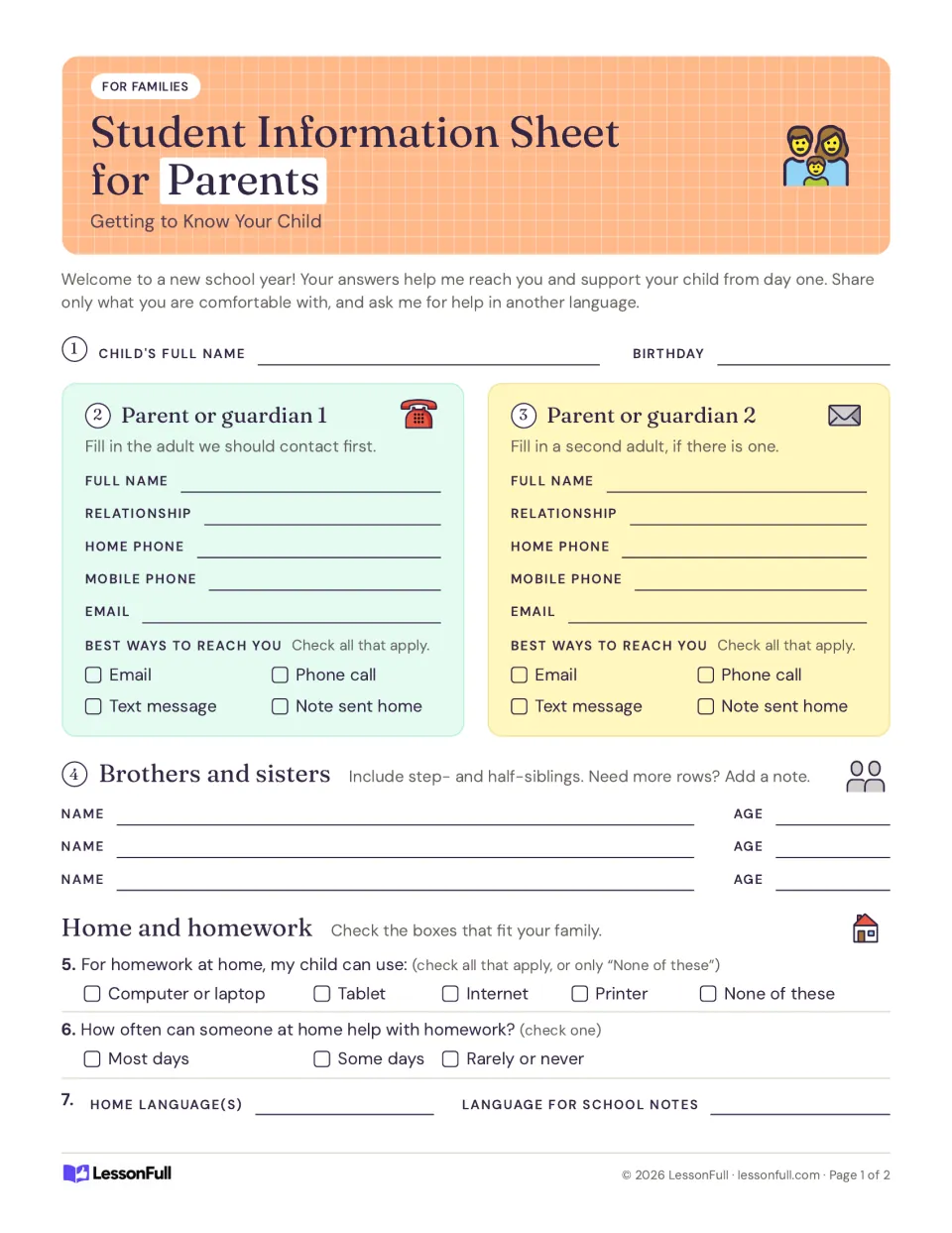 Parent information form, front: child's name, birthday, guardian contacts, siblings, homework and languages