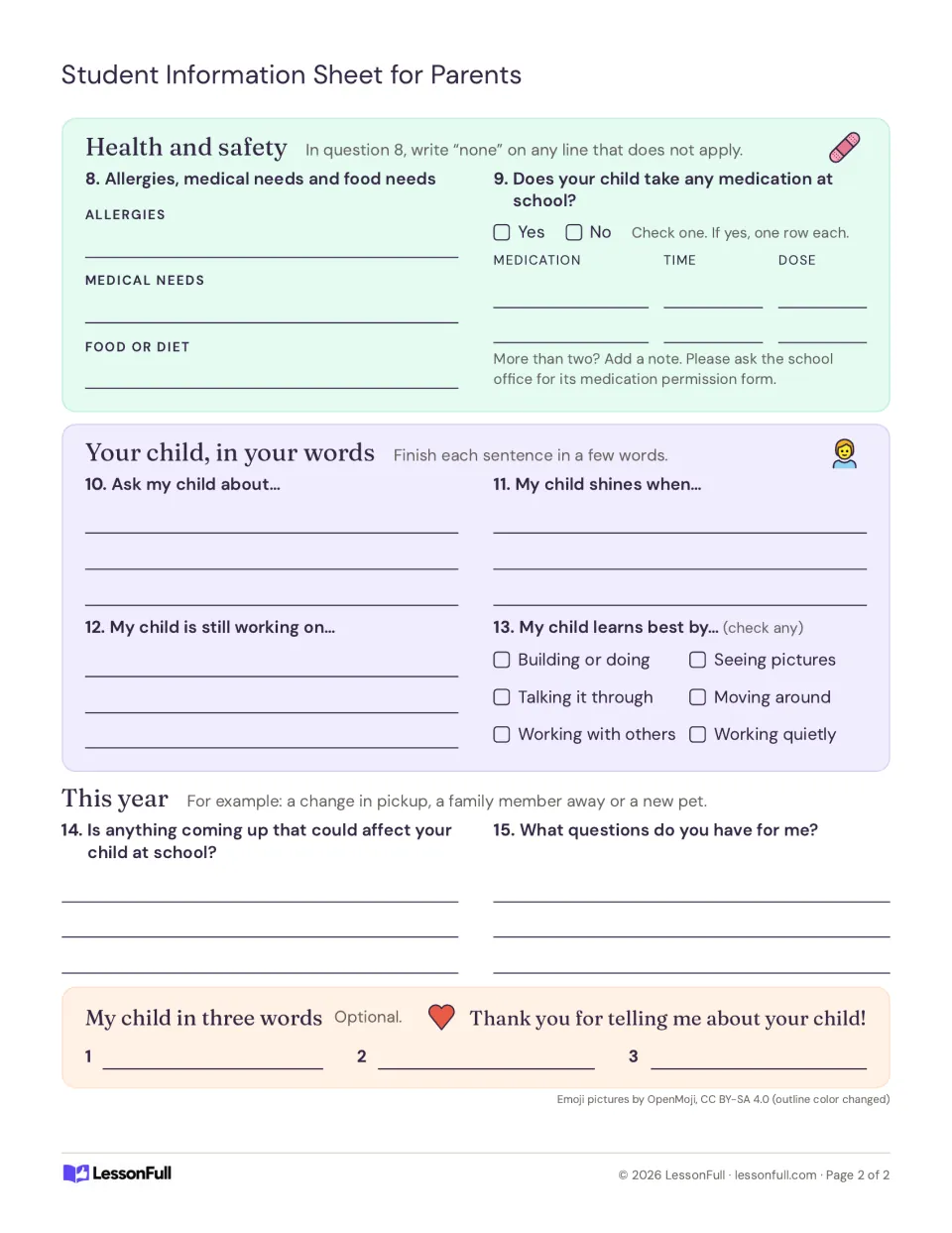 Parent information form, back: health needs, medication, strengths, learning preferences and family changes