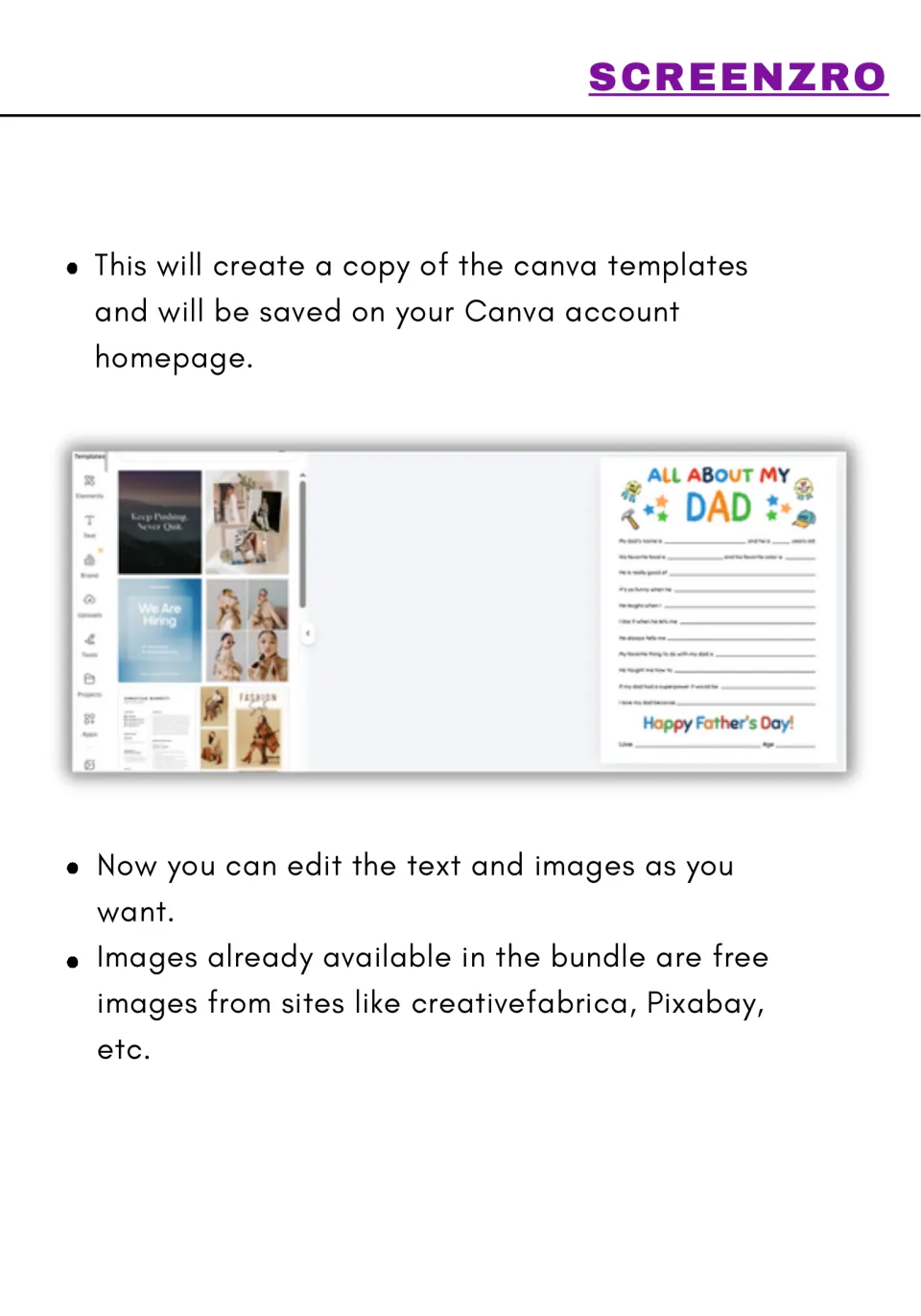 Canva editing instructions explain saving a template copy to your account and changing its text and images.