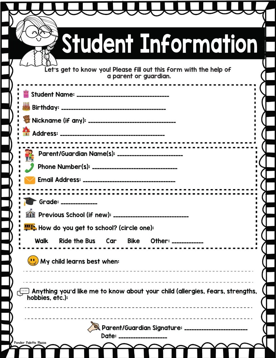 Student Information form: families fill in name, birthday, parent contacts, travel to school, allergies and hobbies