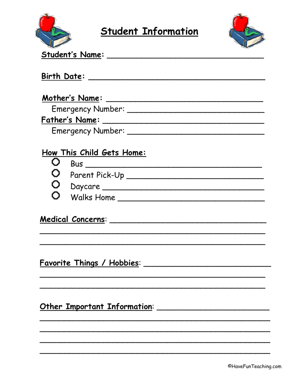 Student information form: families record name, birth date, parent contacts, ride home, medical needs and hobbies