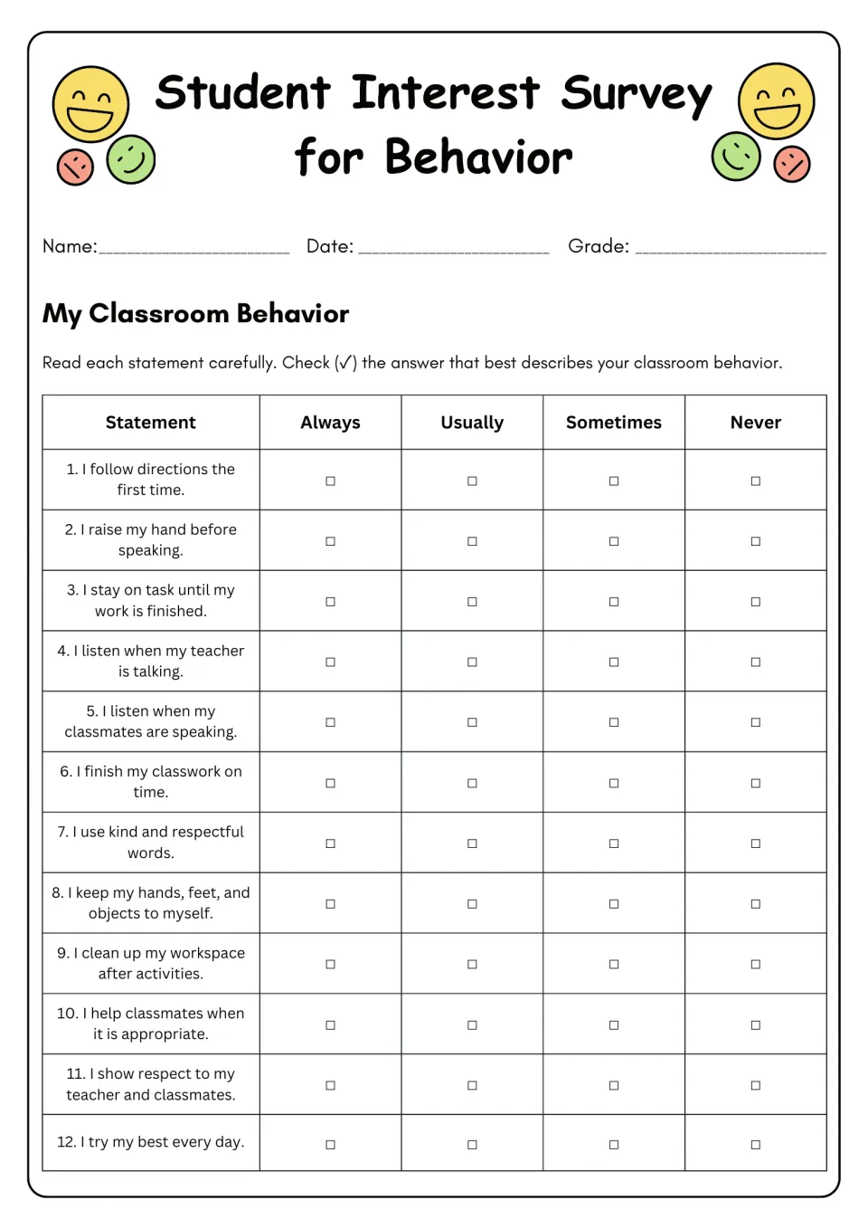 Classroom behavior survey: 12 statements about following directions, listening, respect, and other habits