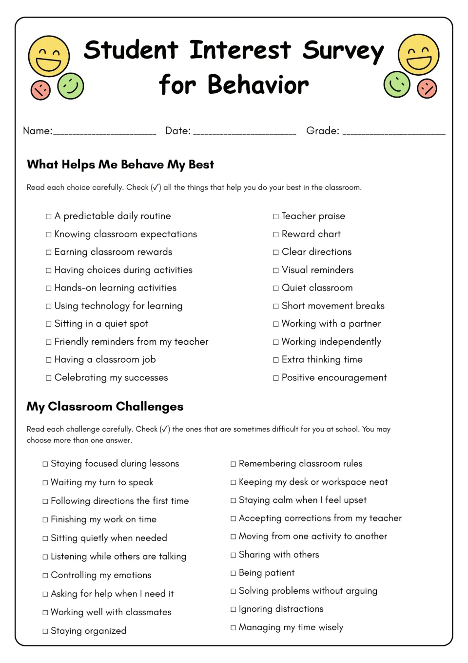 Behavior survey checklists: 20 classroom supports and 20 challenges, including routines and staying focused
