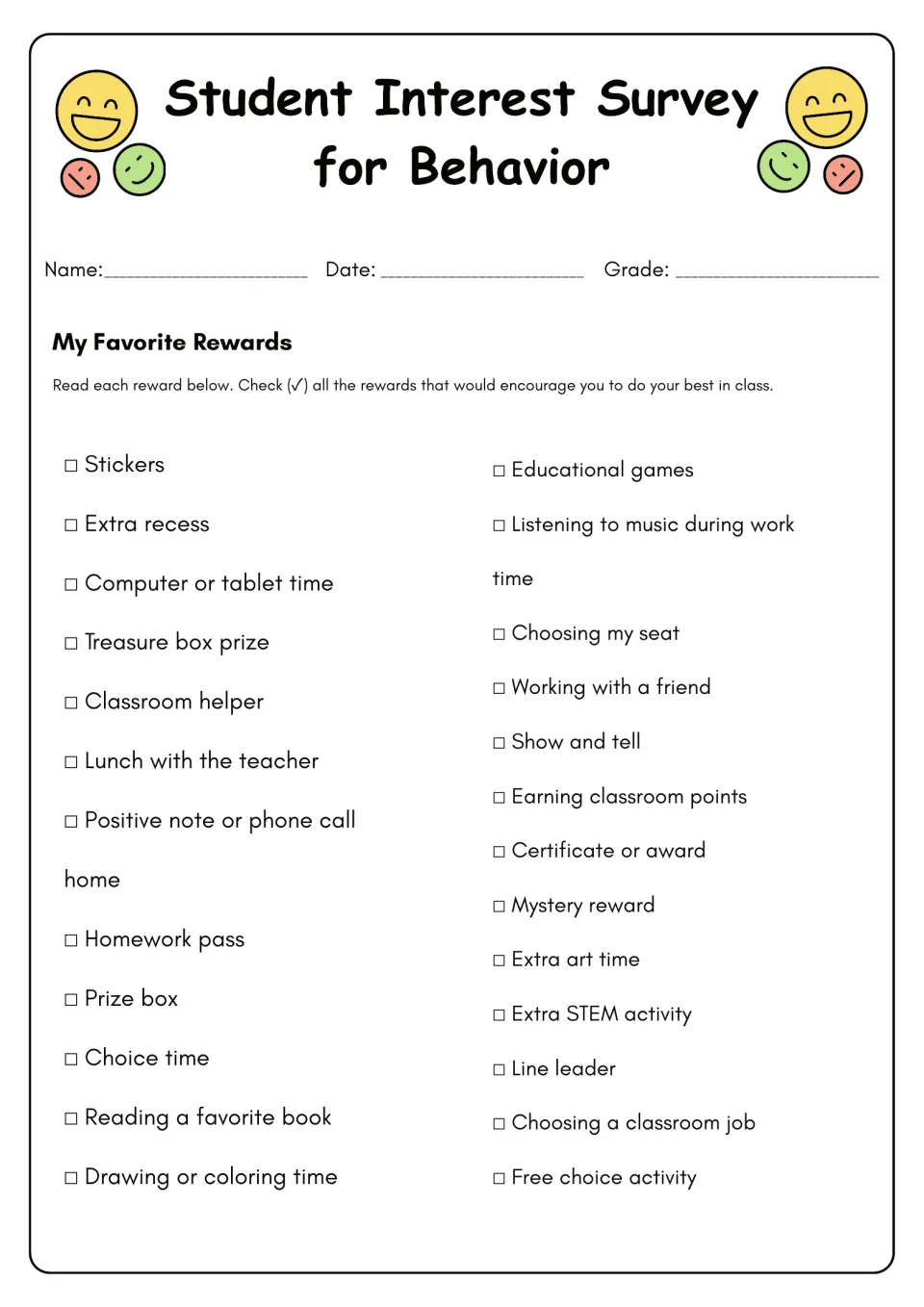 Favorite rewards survey: 24 choices, including stickers, extra recess, classroom helper, and art time